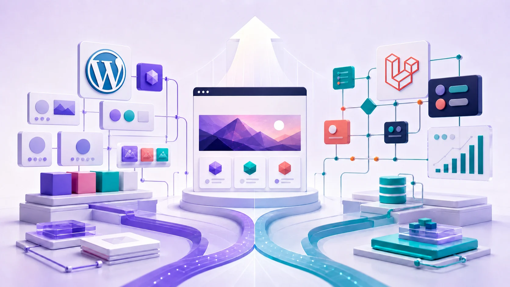 WordPress and Laravel logos above two digital platform paths converging on one business website.
