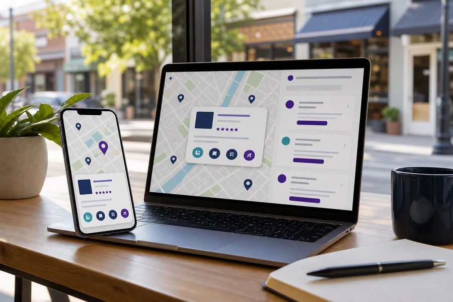Local search results and map visibility across laptop and mobile screens